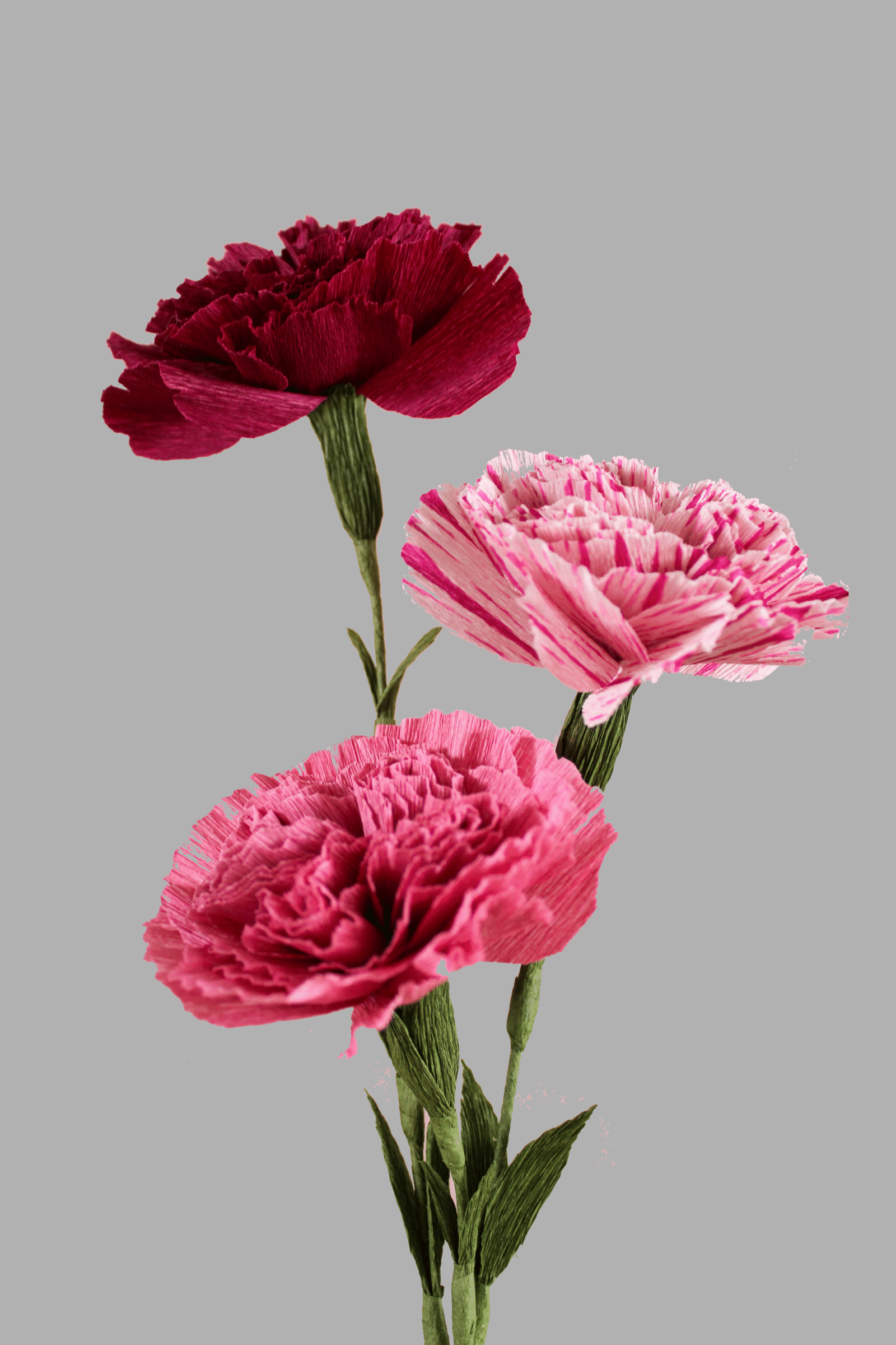 Trio d’œillets en papier dans les teintes roses.