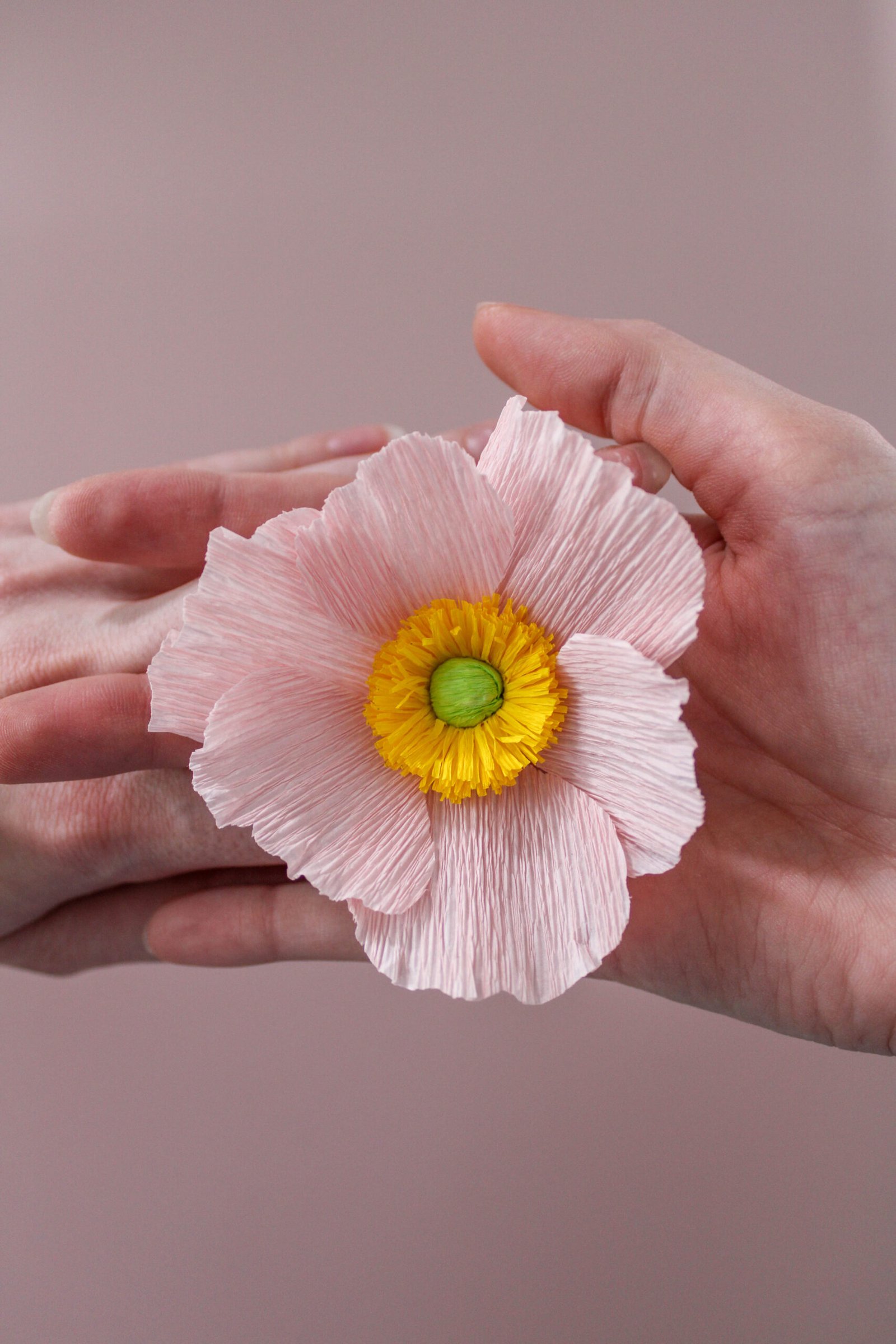 Anémone de Japon en papier positionnée sur deux mains entrelacées.