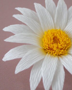 Zoom sur les pétales et centre d’une Marguerite en papier.
