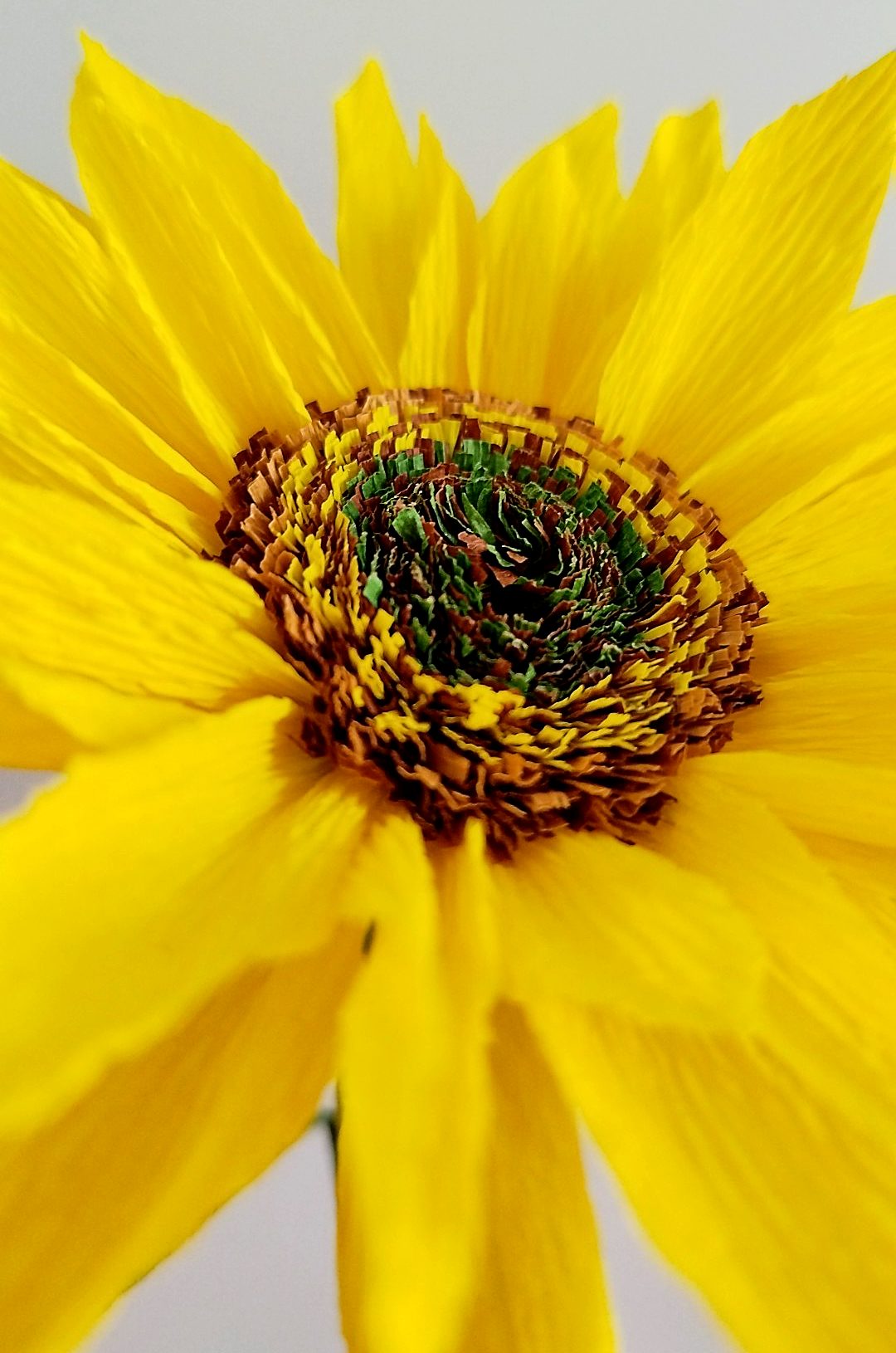 Zoom sur le coeur et les pétales d’un tournesol en papier